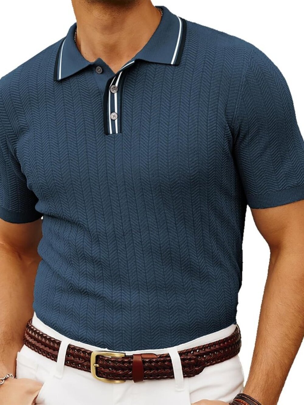 Men's Blue Knitted Polo Short Sleeve Textured Pullover Golf Tee Shirt